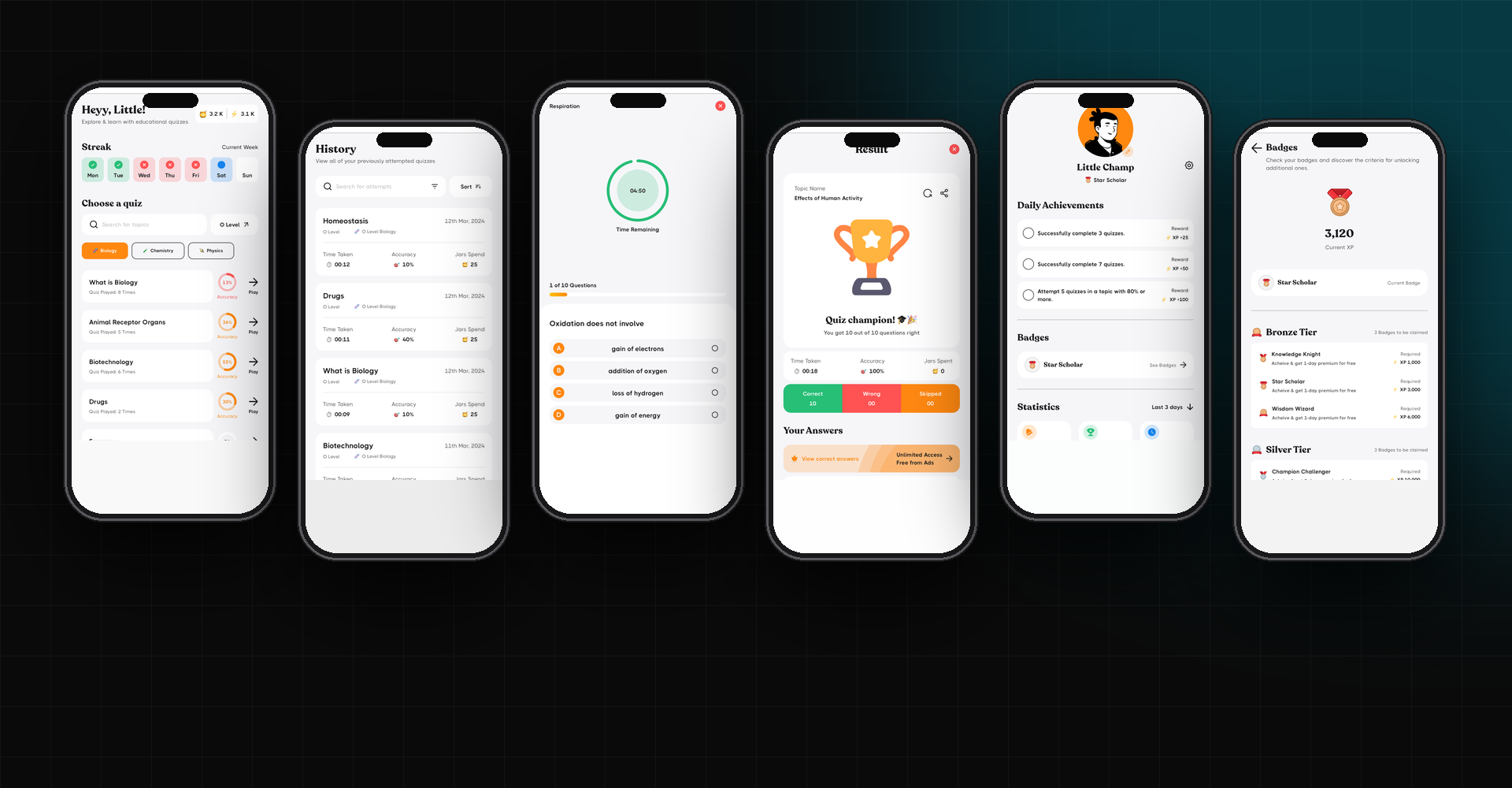 Six official Google Play screenshots of the MCQsLearn All-in-One app: dashboard, history, timed quiz, result, achievements and badges