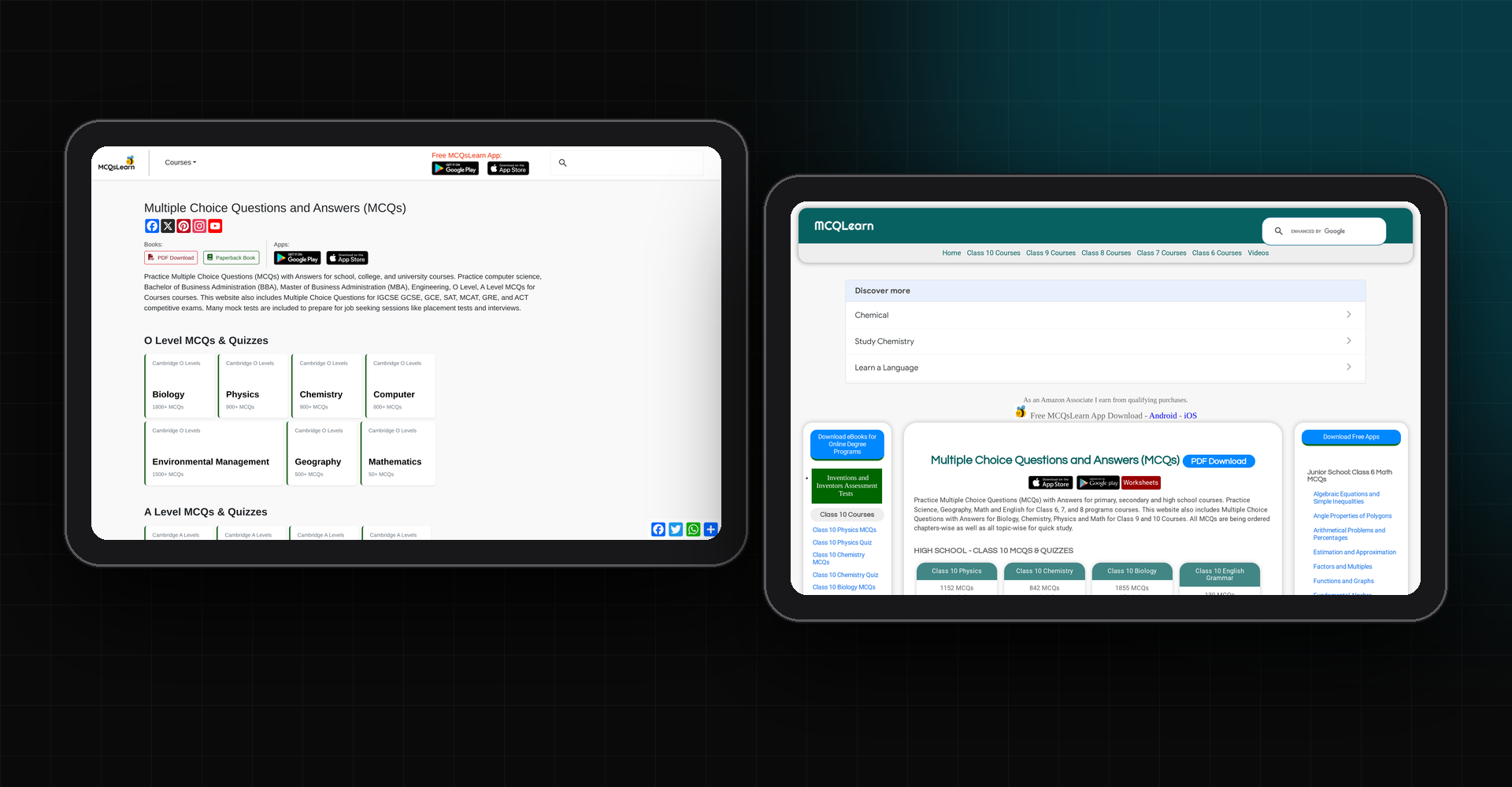 MCQsLearn.com and MCQLearn.com homepages on two tablets