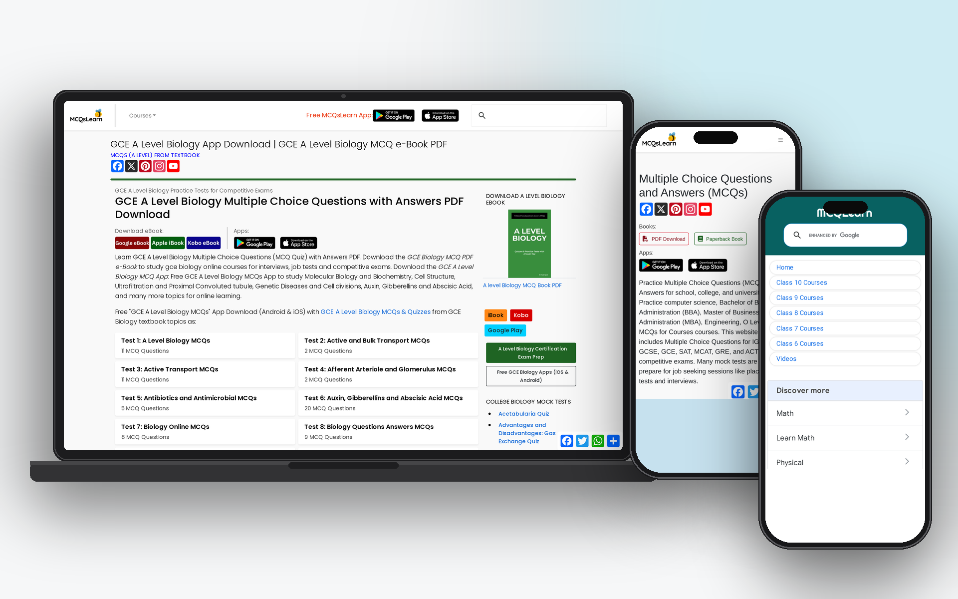 MCQsLearn A Level Biology course page on a laptop beside the MCQsLearn and MCQLearn mobile layouts on two phones