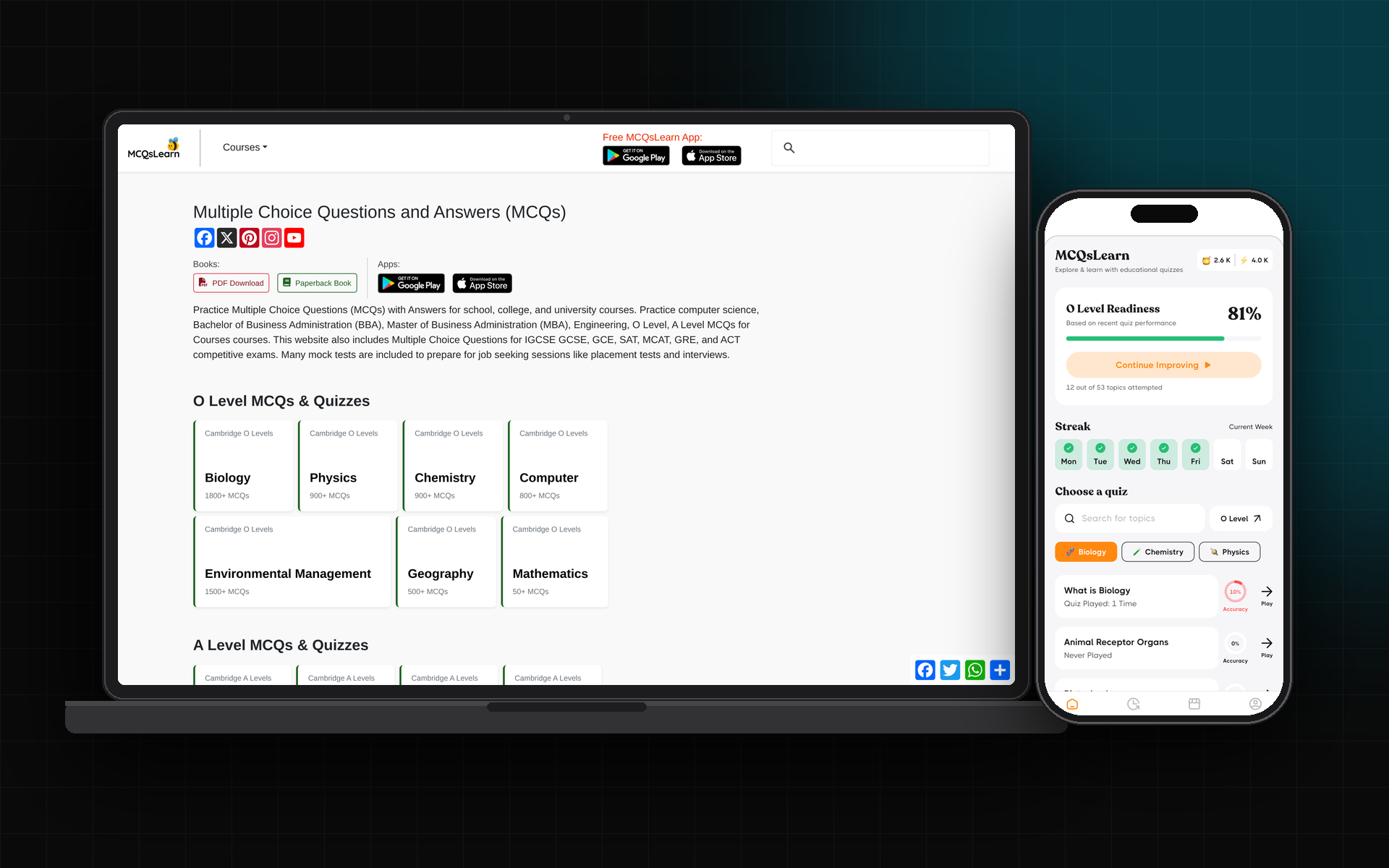 MCQsLearn.com website and the MCQsLearn iOS app, both developed by Techleens, shown on a laptop and iPhone
