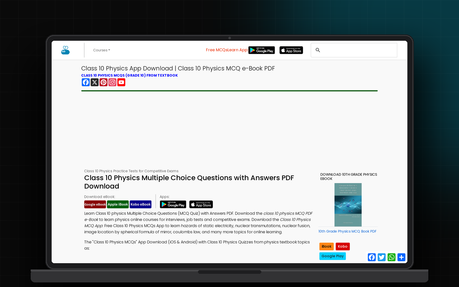 MCQLearn.com Class 10 Physics course page on a laptop